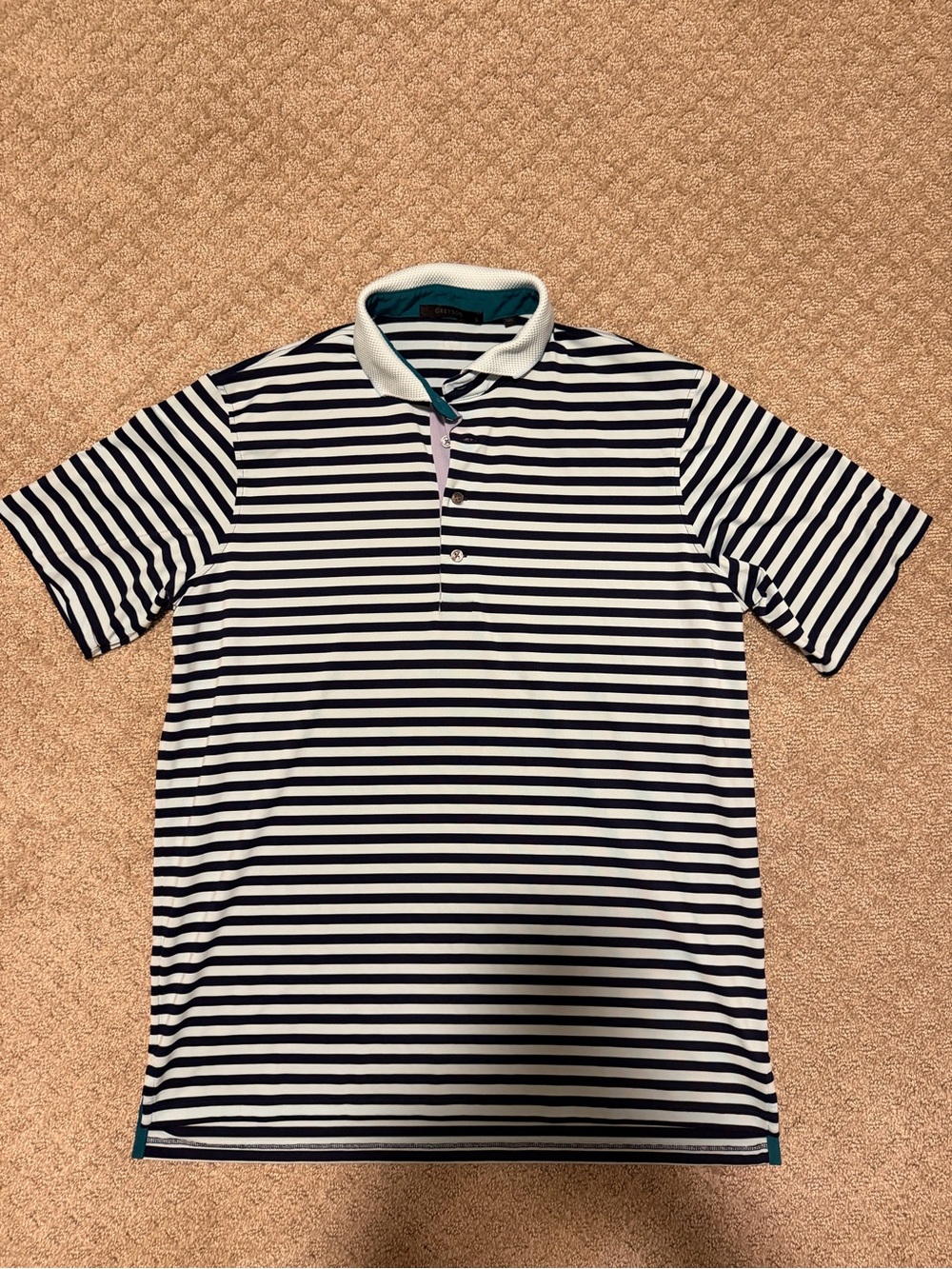 Greyson Navy and White Striped Polo with Contrast Collar